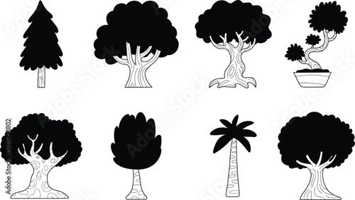 Stylized tree illustrations, various tree types, black and white art, nature vector, plant silhouettes, bonsai, palm, oak, pine.