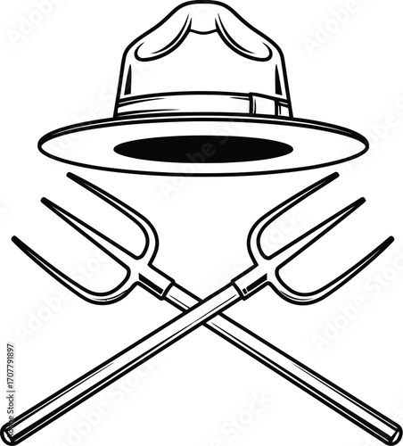 Iconic symbol of farming and conservation with crossed pitchforks under a ranger hat