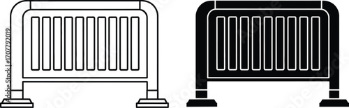 Simple line illustration of a portable crowd control barrier, shown in both outline and solid black versions
