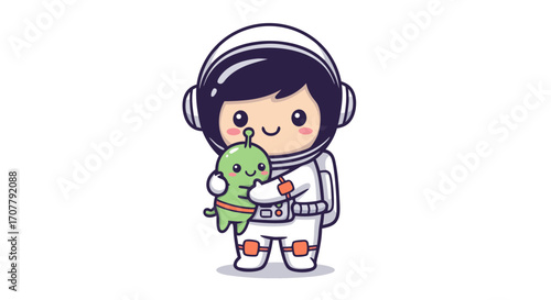 Charming cartoon astronaut character holding a cute little green alien, a whimsical space friendship vector illustration
