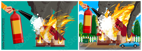 Man hand holding fire extinguisher and putting out fire in burning house. Property insurance concept. Emergency situation.
