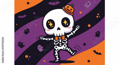 Cute Halloween skeleton dancing in a festive costume with pumpkin hat and ghost motifs on an orange and purple striped background, perfect for holiday celebrations and decorations
