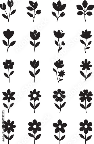 Floral Silhouettes: A collection of elegant silhouettes of various blooms, each exuding a sense of simple charm, perfect for design assets or adding a touch of nature.