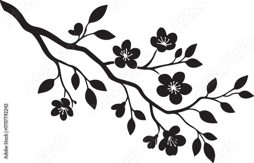 Silhouette of a Blooming Branch: An elegant silhouette showcases a delicate branch adorned with blossoming flowers and lush foliage, exuding simplicity and natural beauty.