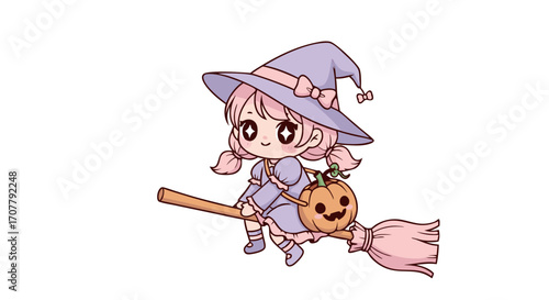 Charming illustration of a cute witch riding a broomstick with a pumpkin, perfect for Halloween and fantasy themes