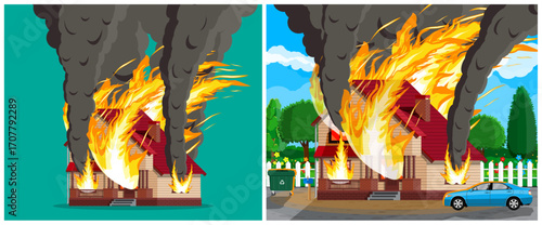 House on fire with flames and smoke in an outdoor setting and on a solid background. Home insurance crisis concept.