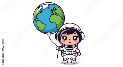 Cute cartoon astronaut character holding a balloon shaped like planet Earth, representing space exploration and childhood dreams
