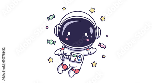 Cute cartoon astronaut floating in space surrounded by stars and candies