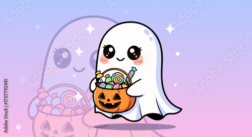 Cute cartoon ghost character carrying a Halloween candy bucket, perfect for spooky season graphics and decorations