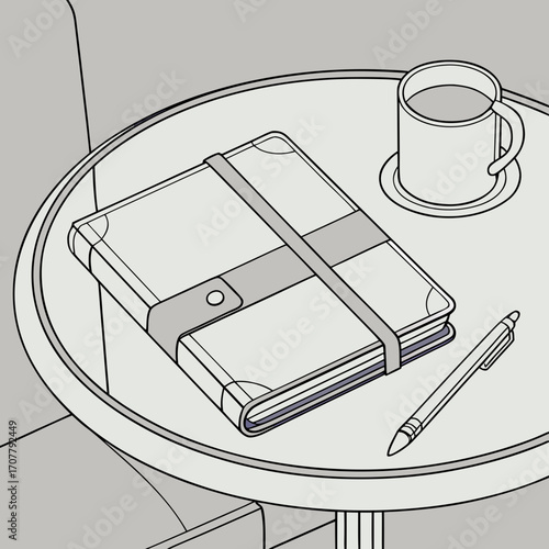 Vector art of a cozy scene featuring a closed notebook with a strap, a pen, and a mug of coffee on a round table, all rendered in a minimalist line drawing style, evoking a sense of calm and focus