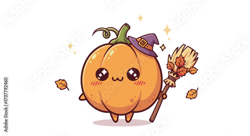 Cute Kawaii Halloween Pumpkin Witch Character with Broomstick and Falling Leaves