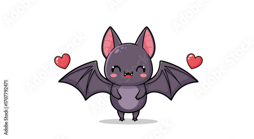 Cute Cartoon Bat Illustration with Hearts, Adorable Flying Mammal Character