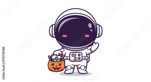 Cute cartoon astronaut holding a pumpkin-shaped candy bucket, waving with a friendly gesture, perfect for Halloween themes