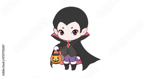 Cute chibi vampire character in a cape holding a Halloween candy bucket, perfect for holiday decorations and festive designs