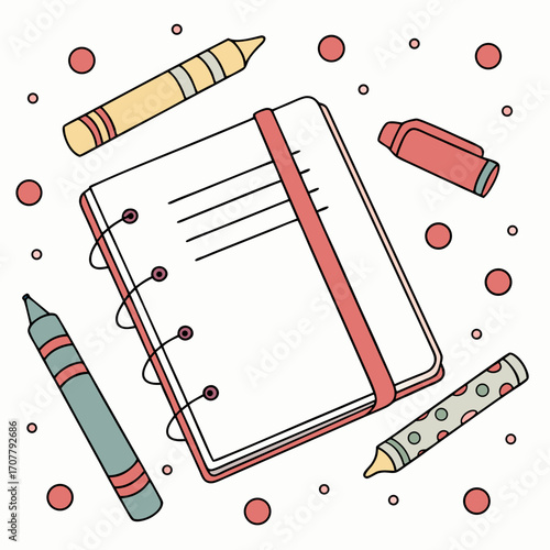 Vector art of illustration featuring a notebook surrounded by colorful crayons and markers, creating a vibrant and playful scene perfect for creative projects and artistic endeavors