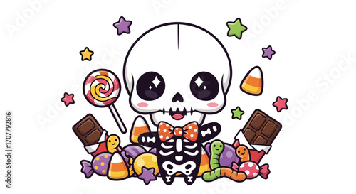 Whimsical Halloween illustration featuring a charming, big-eyed skeleton mascot joyfully surrounded by a bounty of colorful, sugary candies and sweet treats, perfect for festive designs