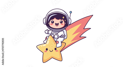 Whimsical cartoon astronaut character riding a cheerful yellow star, symbolizing dreams, imagination, and a playful journey through the vastness of space