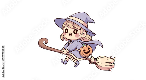Charming animated witch character soaring through the air on a magical broomstick, holding a delightful pumpkin bag, perfect for seasonal or fantasy-themed designs