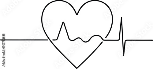 Heartbeat One Line Art, Continuous Line Drawing of EKG Pulse, Vector Symbol for Health, Love, and Life