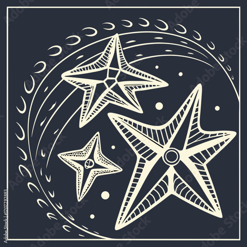 Vector art of stylized illustration of three starfish in a circular frame with decorative lines, creating a nautical and artistic design, perfect for oceanthemed projects, vector art