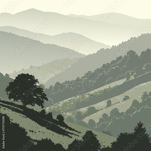 Vector art of a serene mountain landscape with layers of rolling hills and lush green forests, creating a sense of depth, tranquility, and the beauty of natures vastness and peacefulness