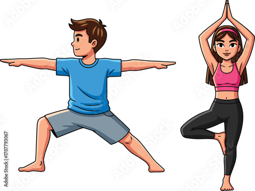 Boy and woman practicing yoga together, fitness exercise, healthy lifestyle, stretching workout, yoga poses, mindfulness, meditation, wellness, active lifestyle