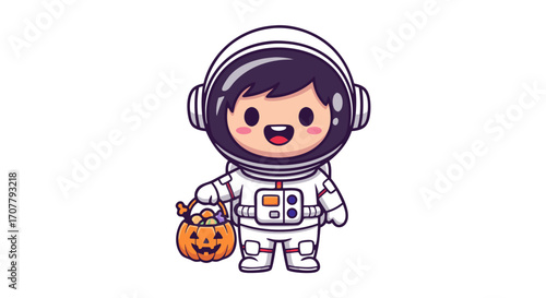 Adorable kid astronaut character celebrating Halloween, holding a jack-o-lantern basket full of candy. Cute cartoon cosmonaut vector design