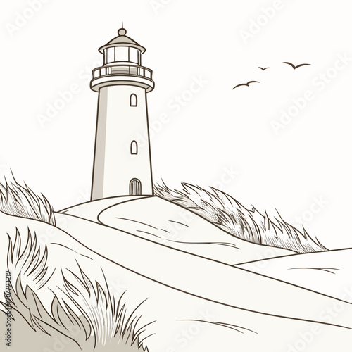 Illustration of a lighthouse on a sandy dune with seagrass, birds flying in the background, , creating a serene coastal scene for nautical designs