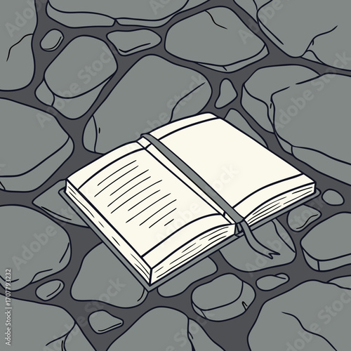 Vector art of an open book rests on a stone surface, inviting reflection and contemplation amidst the rugged beauty of nature, a scene that evokes a sense of serenity and introspection