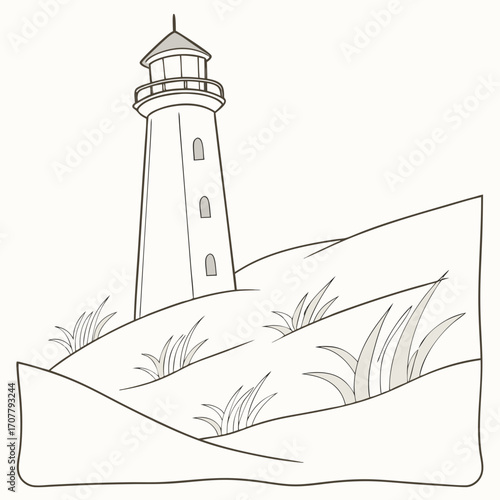 Illustration of a lighthouse on a grassy dune, , creating a simple and clean coastal scene, perfect for nautical designs and educational materials