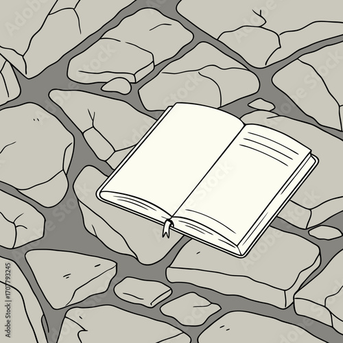 Vector art of an open book lies on a stone surface, inviting readers to immerse themselves in its pages and explore the world of knowledge and imagination, a scene of quiet contemplation