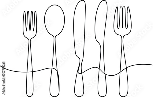 Continuous Line Art Utensils, Single Line Spoon, Fork, Knife for Hotel, Cafe, and Kitchenware Design