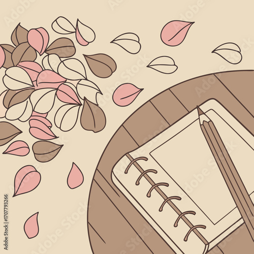 Vector art of handdrawn illustration of an open notebook with a pencil, placed on a wooden table, surrounded by falling leaves, creating a creative and inspiring atmosphere for writing and drawing