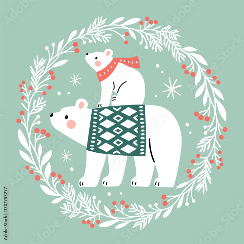 Polar bear family in wreath. Hand drawn cute Christmas clipart. Perfect for card, logo or nursery print design. EPS10 vector file. Editable illustration on isolated background.
