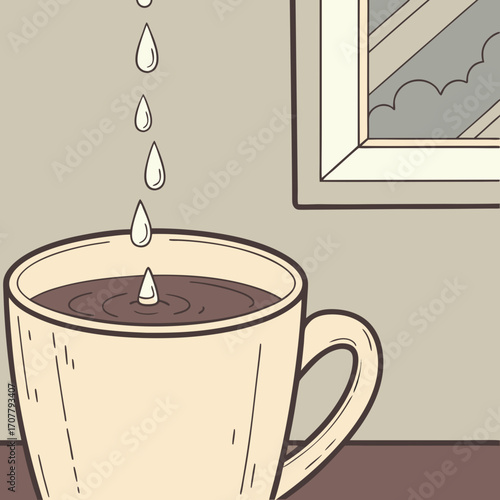 Illustration of a cup of coffee with water droplets falling into it, creating a cozy and relaxing atmosphere, perfect for coffee lovers, morning routines, or rainy day themes
