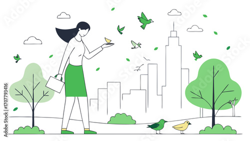 Woman walking through a green city park feeding birds with skyscrapers and trees in the background