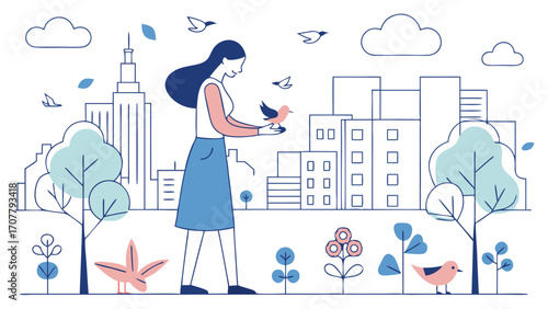 Woman walking in the city park holding a bird in her hands with buildings and trees in the background