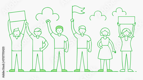 Group of diverse people protesting with signs and flags, standing united for a cause on a white background