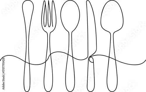 Minimalist One Line Cutlery, Hand Drawn Continuous Single Line Art of Eating Utensils