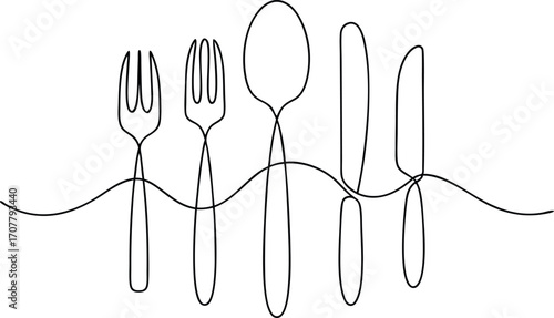 Minimalist One Line Cutlery, Hand Drawn Continuous Single Line Art of Eating Utensils