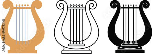 Collection of three lyres, showcasing different artistic styles and colors for musical inspiration.