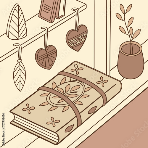 Vector art of aesthetic illustration of a book on a shelf with decorative items, showcasing a cozy and magical atmosphere, perfect for book lovers and fantasy enthusiasts, rendered in a charming style