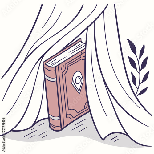 Vector art of enchanting illustration of a book hidden behind a curtain, creating a sense of mystery and intrigue, perfect for fantasy lovers and bookworms