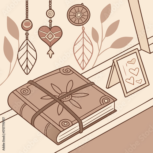 Vector art of charming illustration of a book on a shelf with decorative items, creating a cozy and magical atmosphere, perfect for book lovers and fantasy enthusiasts, rendered in a vintage style