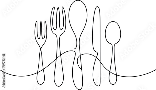Continuous One Line Drawing of Cutlery Set, Single Line Art of Spoon, Fork, and Knife, Minimalist Kitchen Vector