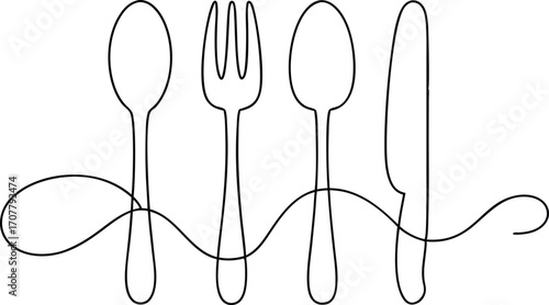 Continuous One Line Drawing of Cutlery Set, Single Line Art of Spoon, Fork, and Knife, Minimalist Kitchen Vector