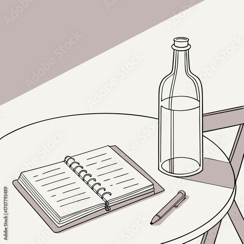 Vector art of a minimalist line art illustration of a notebook, bottle, and pen on a table, capturing a moment of quiet contemplation and creativity in a simple, elegant style
