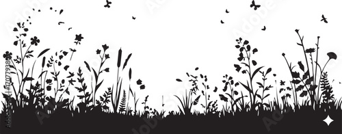 Silhouette of Blossoming Flora: A delicate silhouette showcases a vibrant meadow, adorned with graceful plants and soaring butterflies, all rendered in elegant black and white.