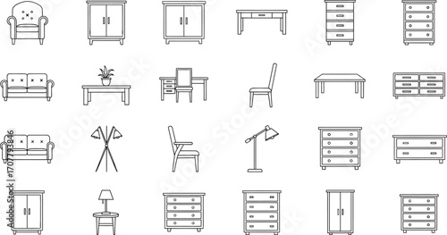 Collection of elegant line art furniture icons for interior design inspiration