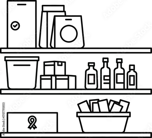 Clean line art illustration of a well-organized pantry shelf stocked with various food items and containers.